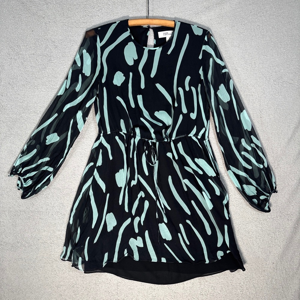 Diane Von Furstenberg Dress Size‎ 8 Black Mint Abstract Print Silk Cinched Waist